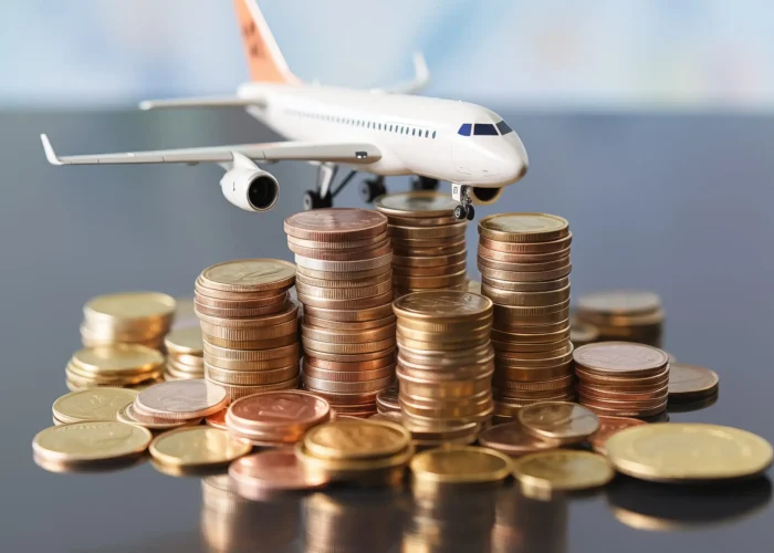airplane miniature on top of coins stack